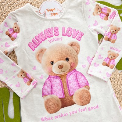 Conj. Colete Puffer Corações  e Vestido Ursinha Always Love - Rosa e Areia